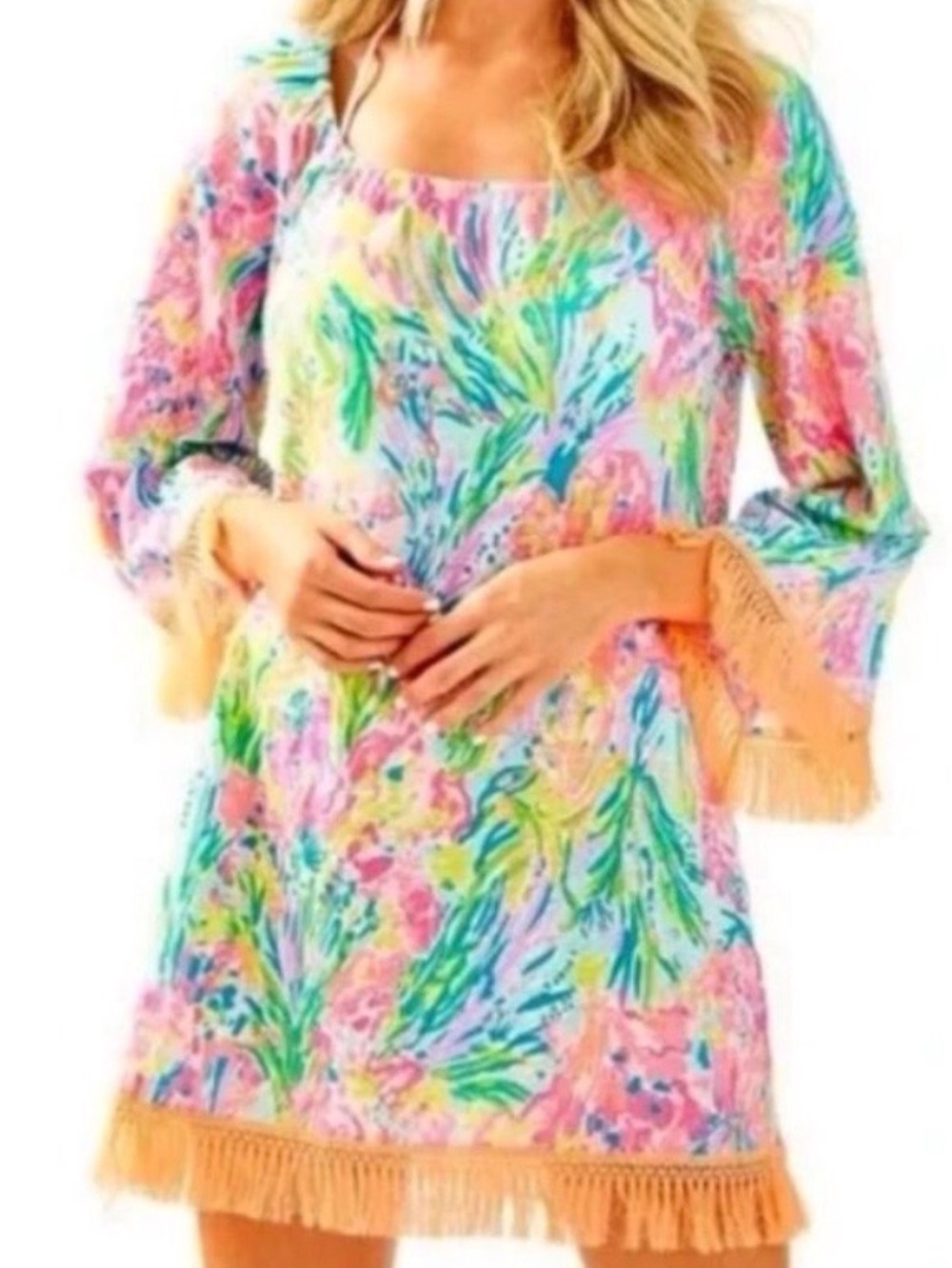 Lilly Pulitzer “Fan Sea Pants” Linen Tunic Dress L Fringe Tropical